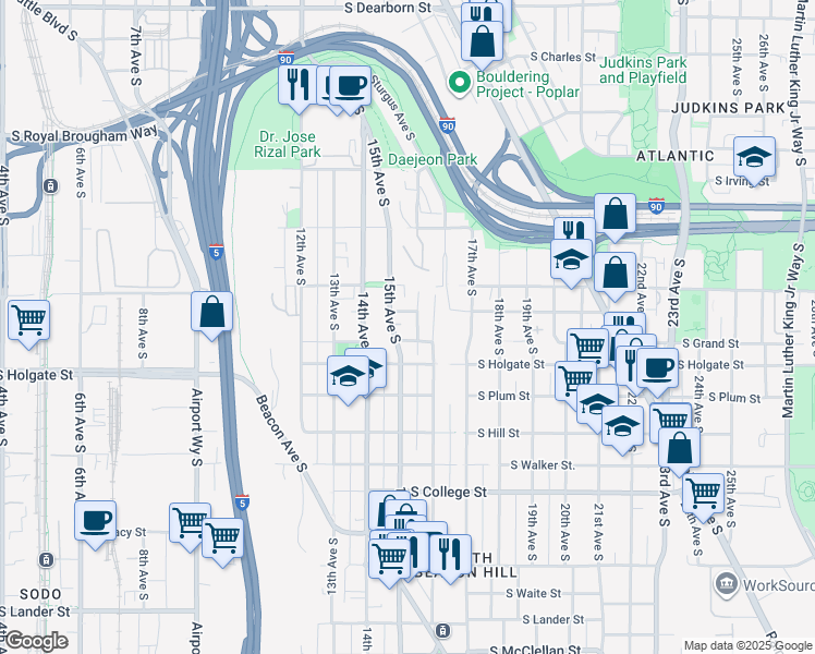 map of restaurants, bars, coffee shops, grocery stores, and more near 1761 16th Avenue South in Seattle