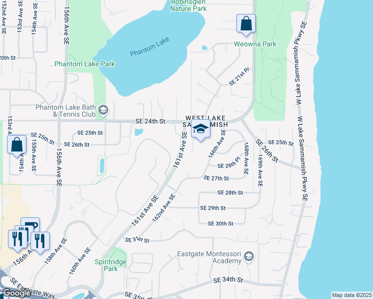 map of restaurants, bars, coffee shops, grocery stores, and more near 2532 161st Avenue Southeast in Bellevue