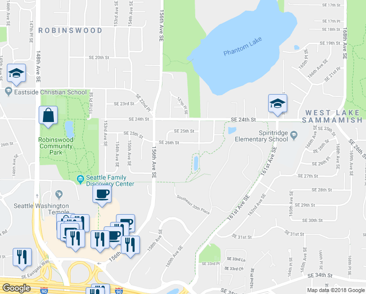 map of restaurants, bars, coffee shops, grocery stores, and more near 15731 Southeast 26th Street in Bellevue