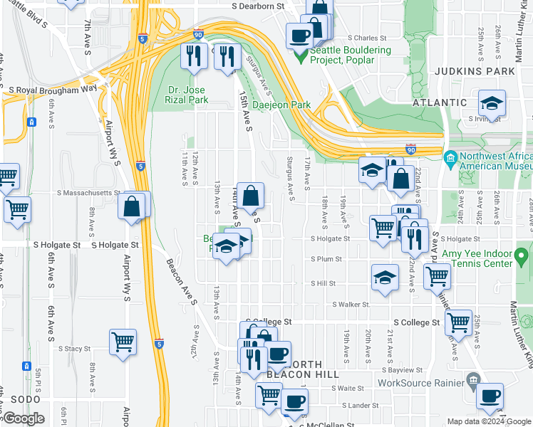 map of restaurants, bars, coffee shops, grocery stores, and more near 1761 16th Avenue South in Seattle