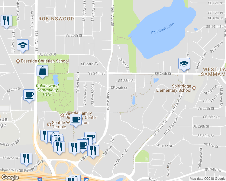 map of restaurants, bars, coffee shops, grocery stores, and more near 15621 Southeast 26th Street in Bellevue