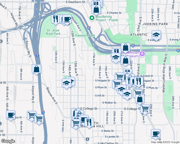 map of restaurants, bars, coffee shops, grocery stores, and more near 1750 Sturgus Avenue South in Seattle