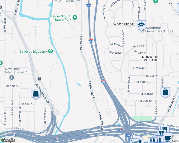 map of restaurants, bars, coffee shops, grocery stores, and more near 2580 118th Avenue Southeast in Bellevue