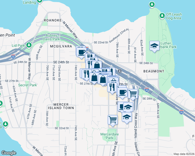 map of restaurants, bars, coffee shops, grocery stores, and more near 2558 76th Avenue Southeast in Mercer Island
