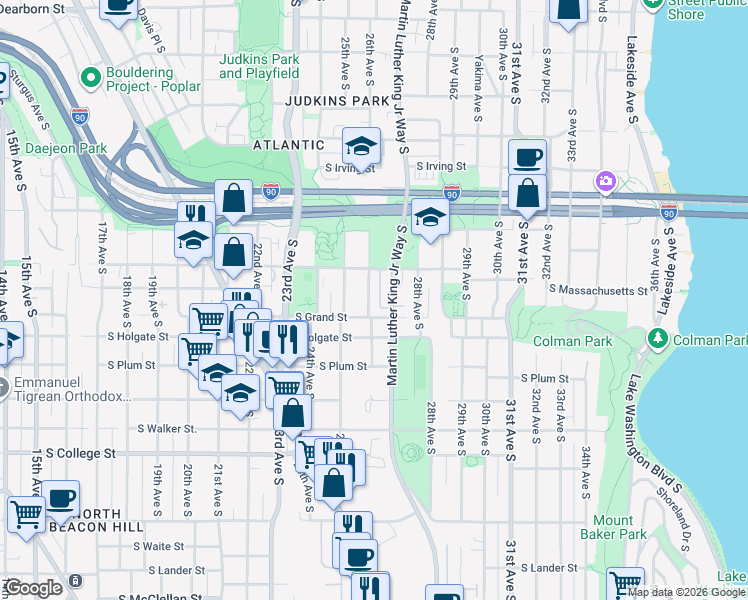 map of restaurants, bars, coffee shops, grocery stores, and more near 1725 26th Avenue South in Seattle