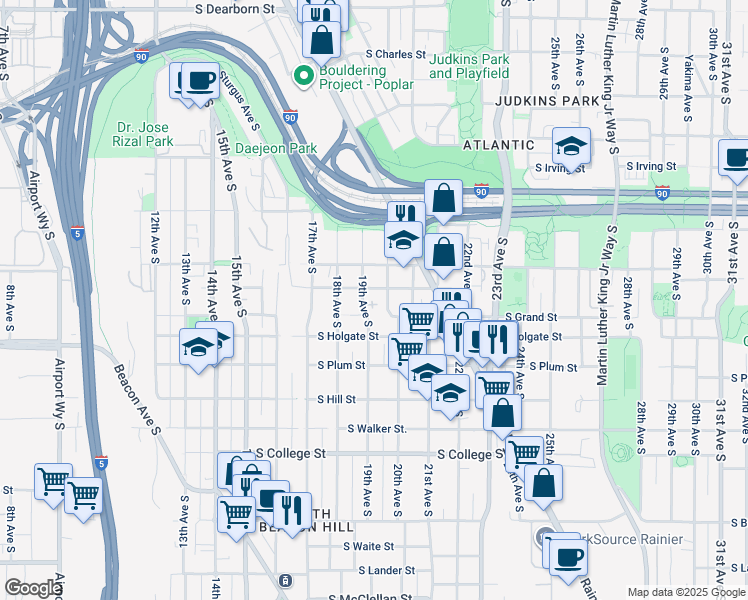 map of restaurants, bars, coffee shops, grocery stores, and more near 1757 19th Avenue South in Seattle