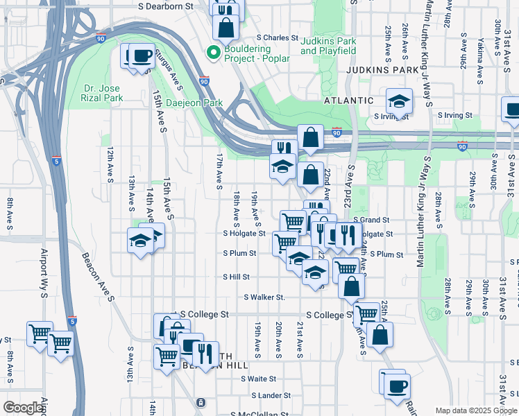 map of restaurants, bars, coffee shops, grocery stores, and more near 1757 19th Avenue South in Seattle