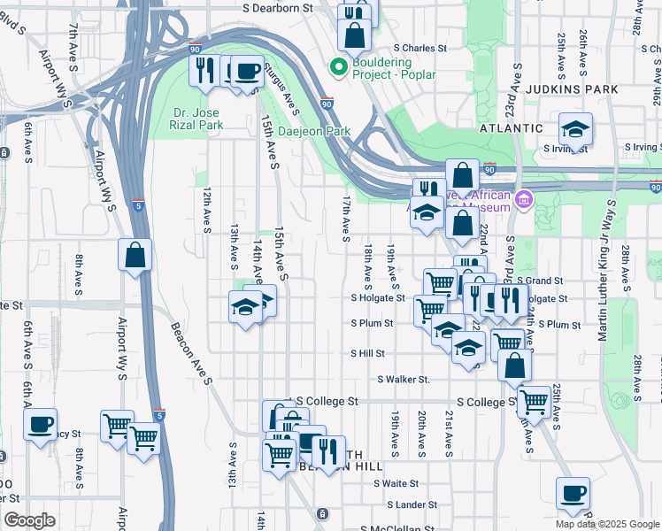 map of restaurants, bars, coffee shops, grocery stores, and more near 1750 Sturgus Avenue South in Seattle