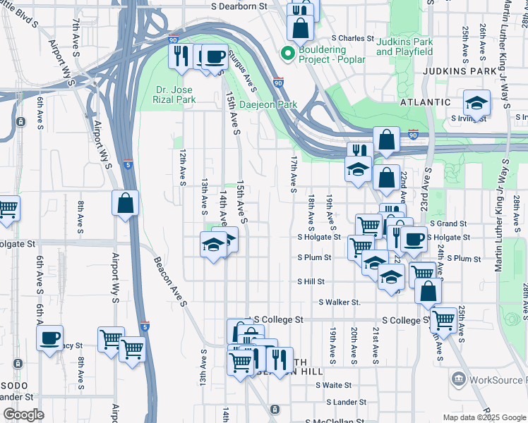 map of restaurants, bars, coffee shops, grocery stores, and more near 1761 16th Avenue South in Seattle