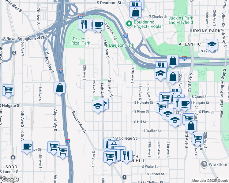 map of restaurants, bars, coffee shops, grocery stores, and more near 1761 16th Avenue South in Seattle