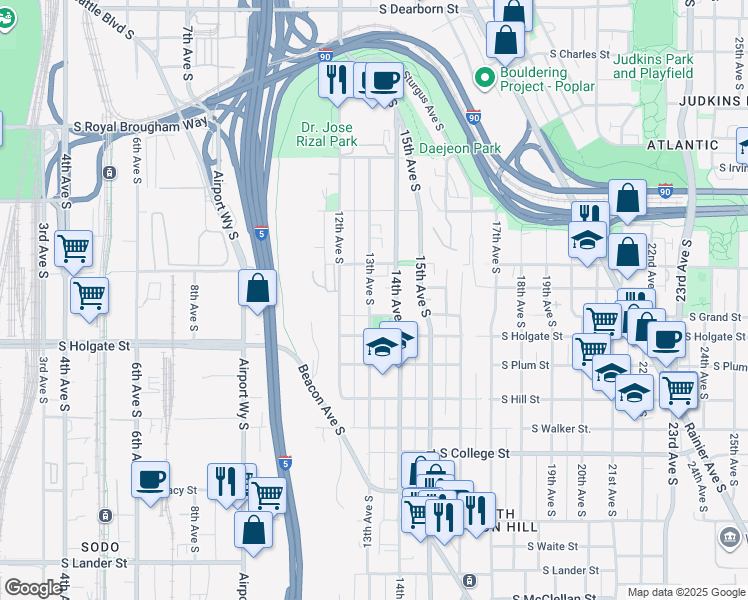 map of restaurants, bars, coffee shops, grocery stores, and more near 1734a 13th Avenue South in Seattle