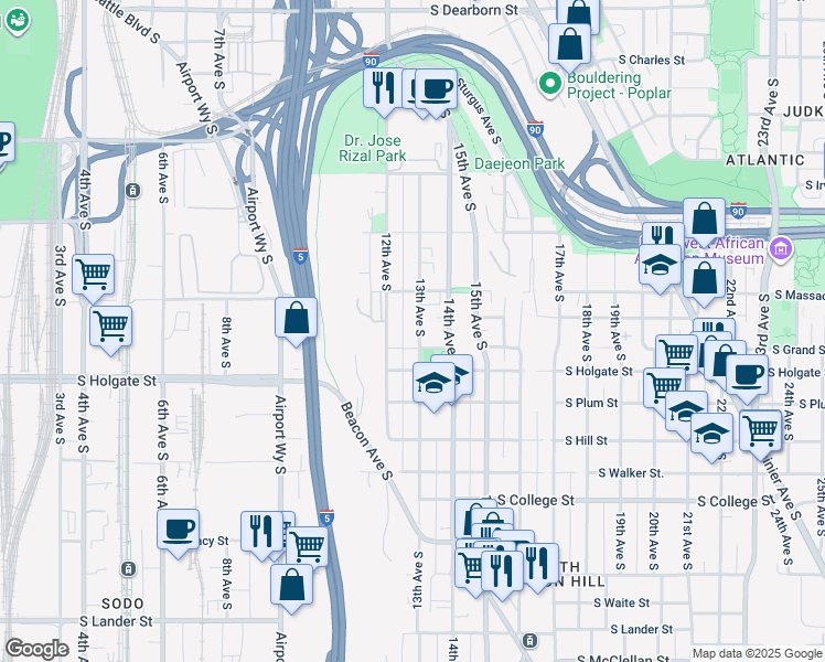 map of restaurants, bars, coffee shops, grocery stores, and more near 1734a 13th Avenue South in Seattle