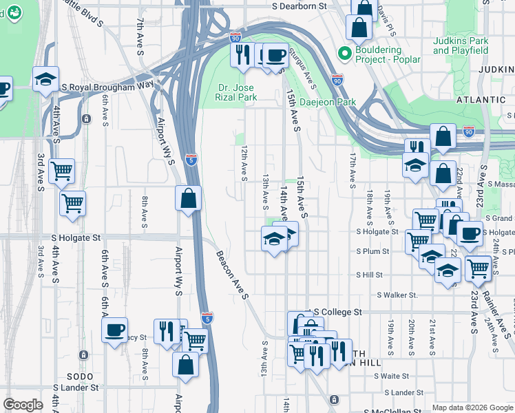 map of restaurants, bars, coffee shops, grocery stores, and more near 1734a 13th Avenue South in Seattle