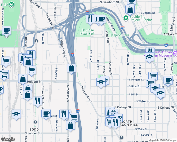 map of restaurants, bars, coffee shops, grocery stores, and more near 1729 12th Avenue South in Seattle