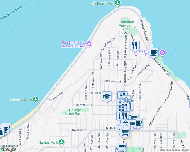 map of restaurants, bars, coffee shops, grocery stores, and more near 1719 46th Avenue Southwest in Seattle