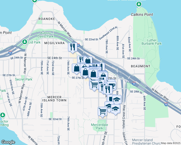 map of restaurants, bars, coffee shops, grocery stores, and more near 2558 76th Avenue Southeast in Mercer Island