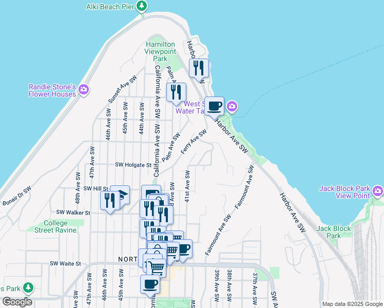 map of restaurants, bars, coffee shops, grocery stores, and more near 1717 41st Avenue Southwest in Seattle