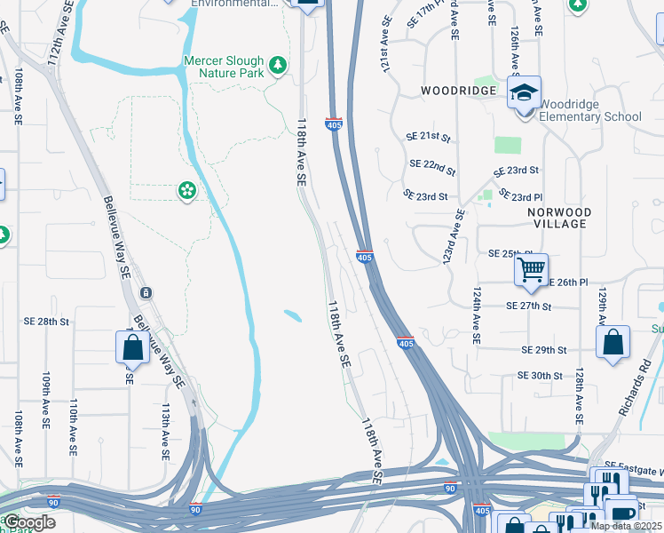 map of restaurants, bars, coffee shops, grocery stores, and more near 2580 118th Avenue Southeast in Bellevue