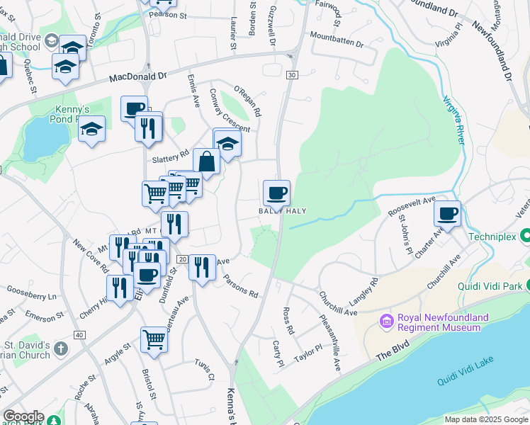 map of restaurants, bars, coffee shops, grocery stores, and more near 18 Warren Place in St. John's