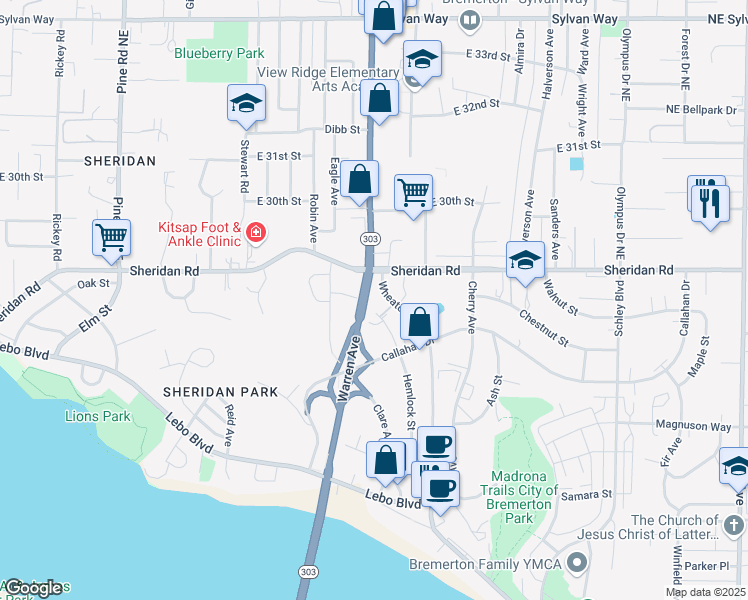 map of restaurants, bars, coffee shops, grocery stores, and more near 2741 Wheaton Way in Bremerton