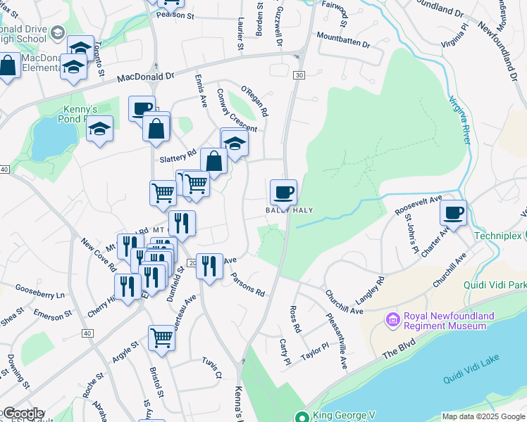 map of restaurants, bars, coffee shops, grocery stores, and more near 18 Warren Place in St. John's