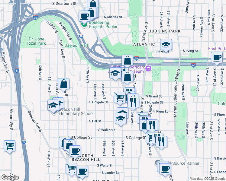map of restaurants, bars, coffee shops, grocery stores, and more near 1756 Valentine Place South in Seattle