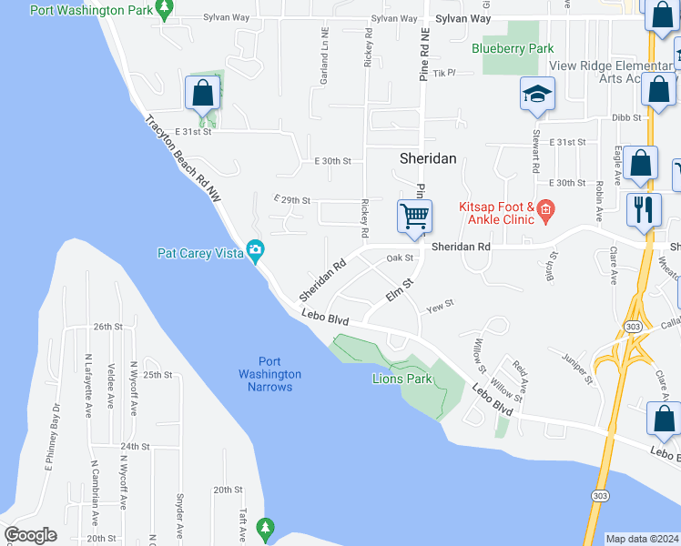 map of restaurants, bars, coffee shops, grocery stores, and more near 143 Sheridan Road in Bremerton