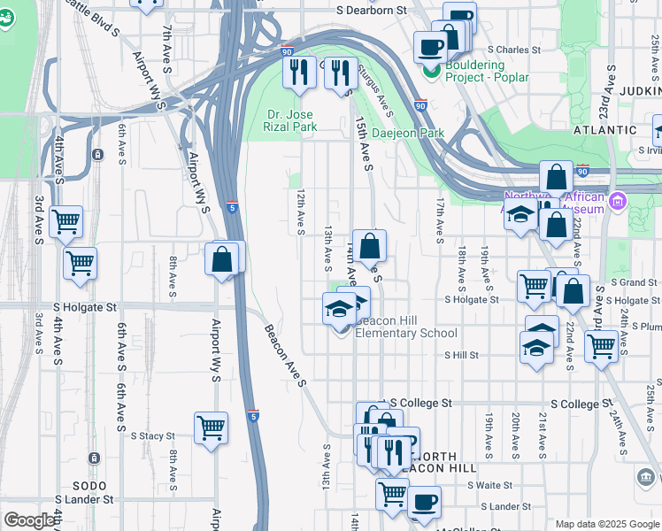map of restaurants, bars, coffee shops, grocery stores, and more near 1734a 13th Avenue South in Seattle