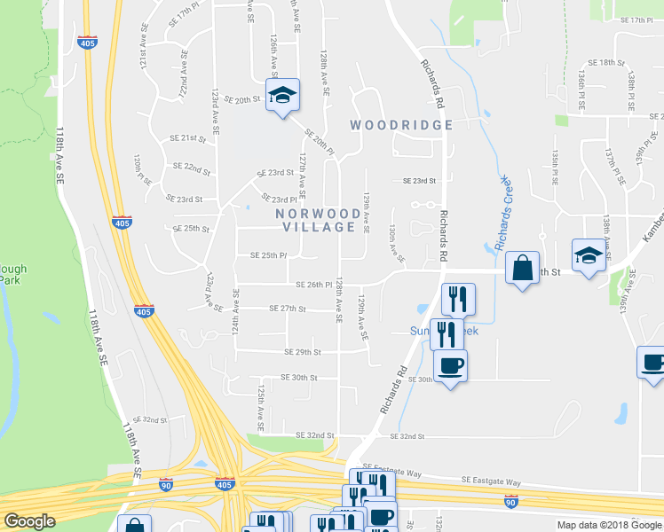 map of restaurants, bars, coffee shops, grocery stores, and more near 2539 128th Avenue Southeast in Bellevue