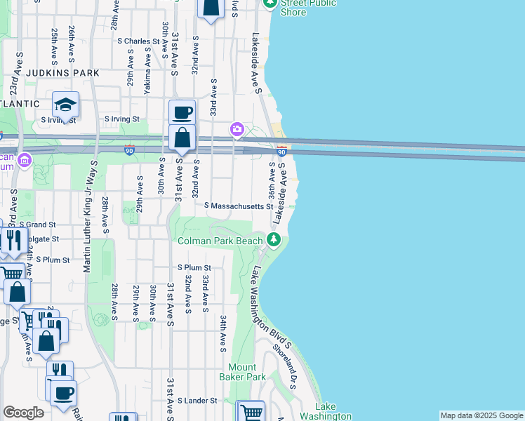 map of restaurants, bars, coffee shops, grocery stores, and more near 3515 South Massachusetts Street in Seattle