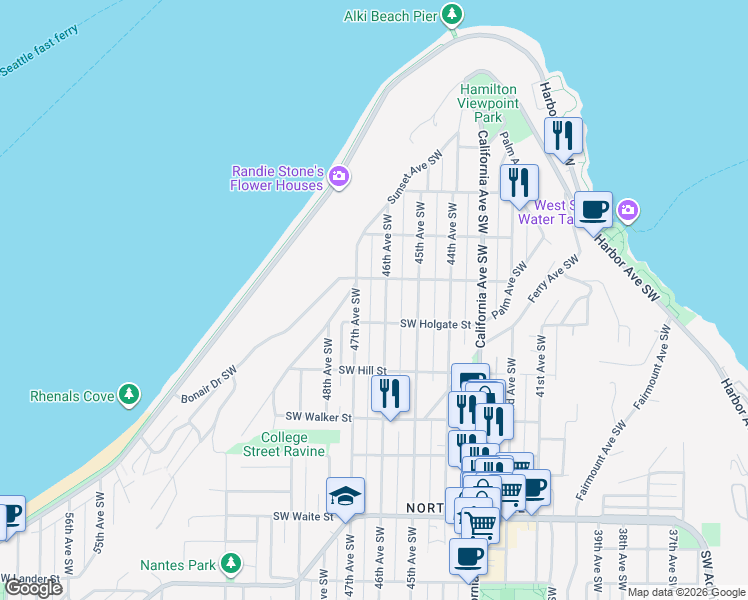 map of restaurants, bars, coffee shops, grocery stores, and more near 1719 46th Avenue Southwest in Seattle