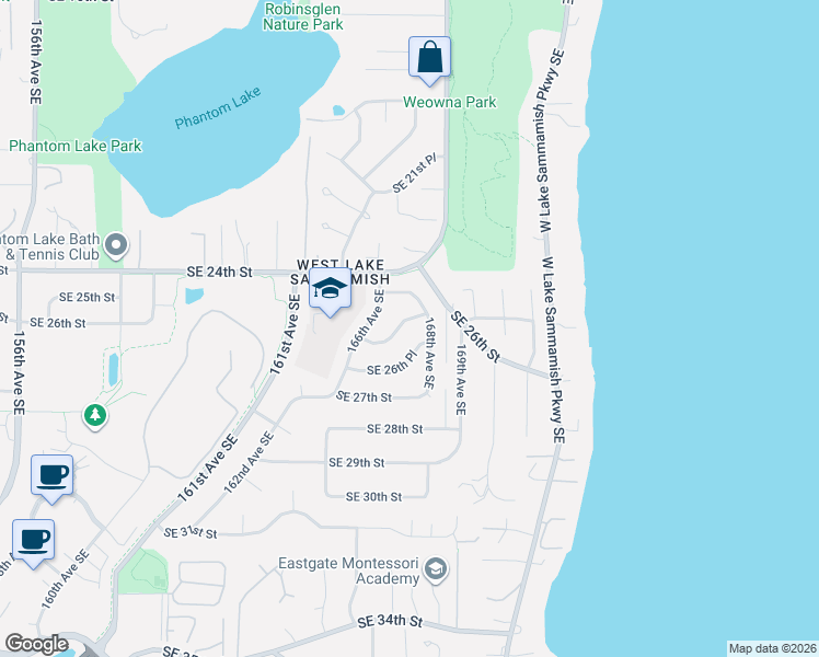 map of restaurants, bars, coffee shops, grocery stores, and more near 16681 Southeast 26th Street in Bellevue