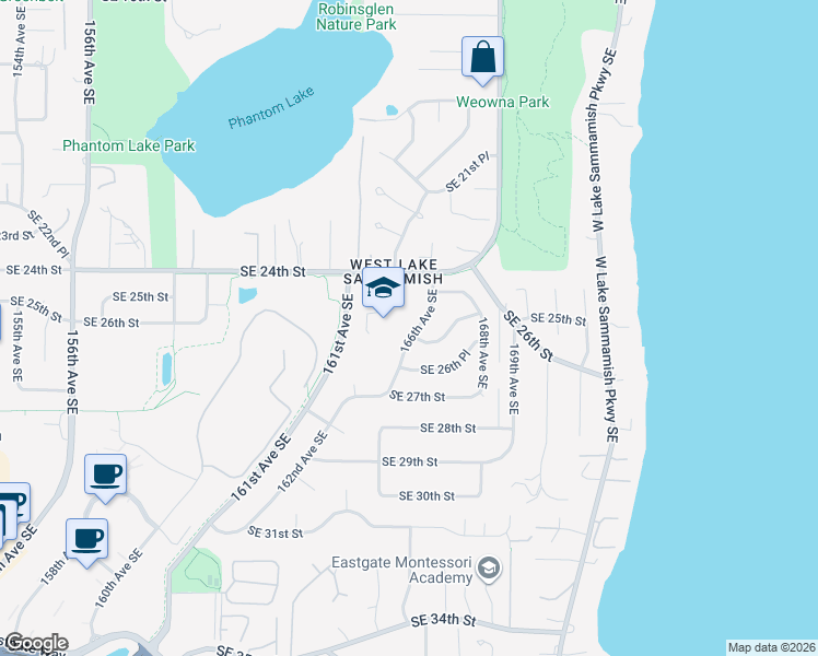map of restaurants, bars, coffee shops, grocery stores, and more near 2537 166th Avenue Southeast in Bellevue