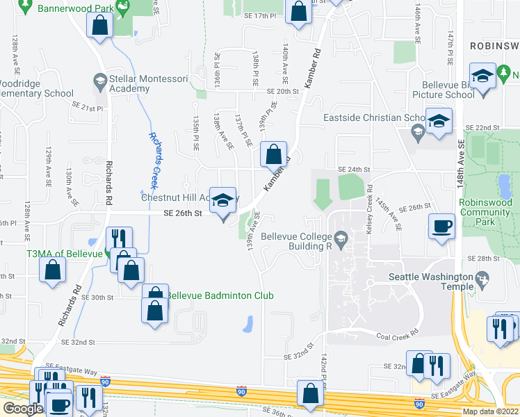 map of restaurants, bars, coffee shops, grocery stores, and more near in Bellevue