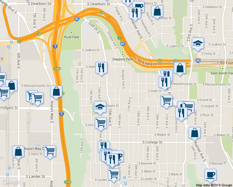 map of restaurants, bars, coffee shops, grocery stores, and more near 1761 16th Avenue South in Seattle
