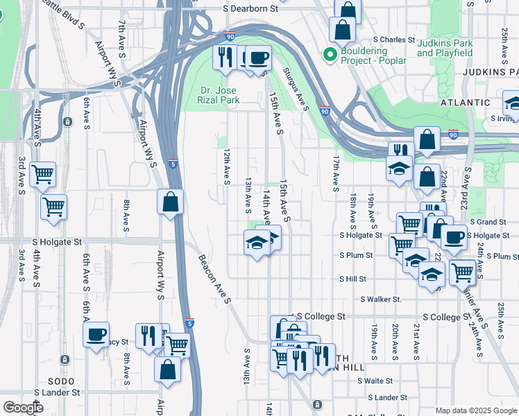 map of restaurants, bars, coffee shops, grocery stores, and more near 1734a 13th Avenue South in Seattle