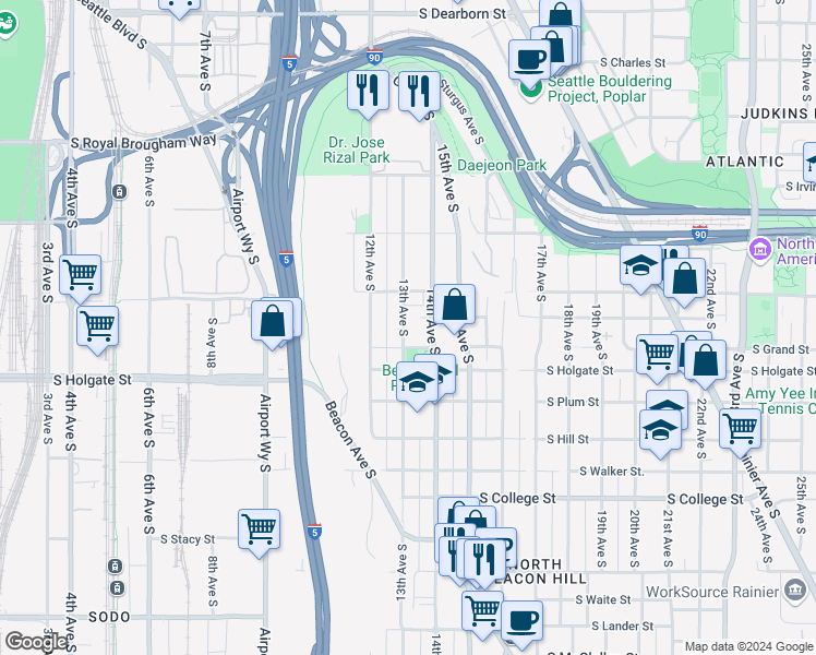 map of restaurants, bars, coffee shops, grocery stores, and more near 1734a 13th Avenue South in Seattle