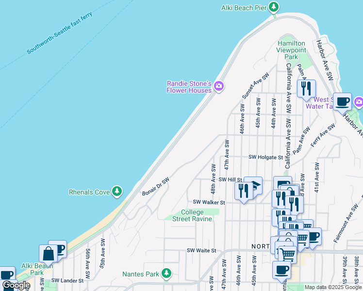 map of restaurants, bars, coffee shops, grocery stores, and more near 1716 Alki Avenue Southwest in Seattle