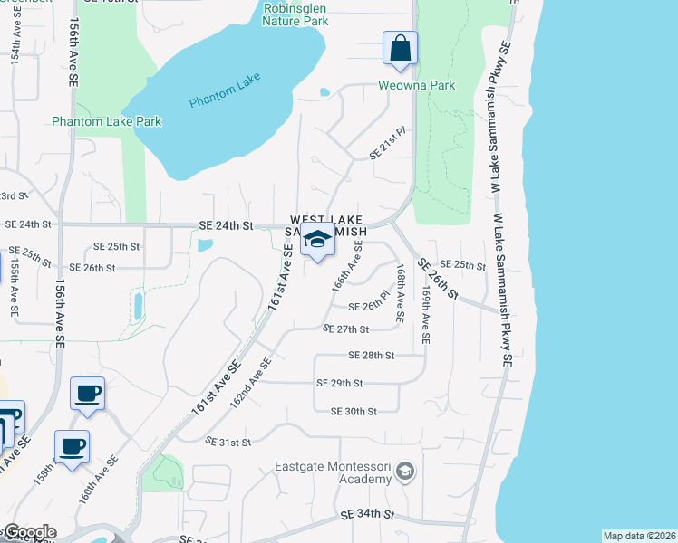 map of restaurants, bars, coffee shops, grocery stores, and more near 2537 166th Avenue Southeast in Bellevue