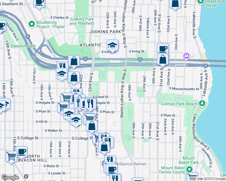 map of restaurants, bars, coffee shops, grocery stores, and more near 1725 26th Avenue South in Seattle