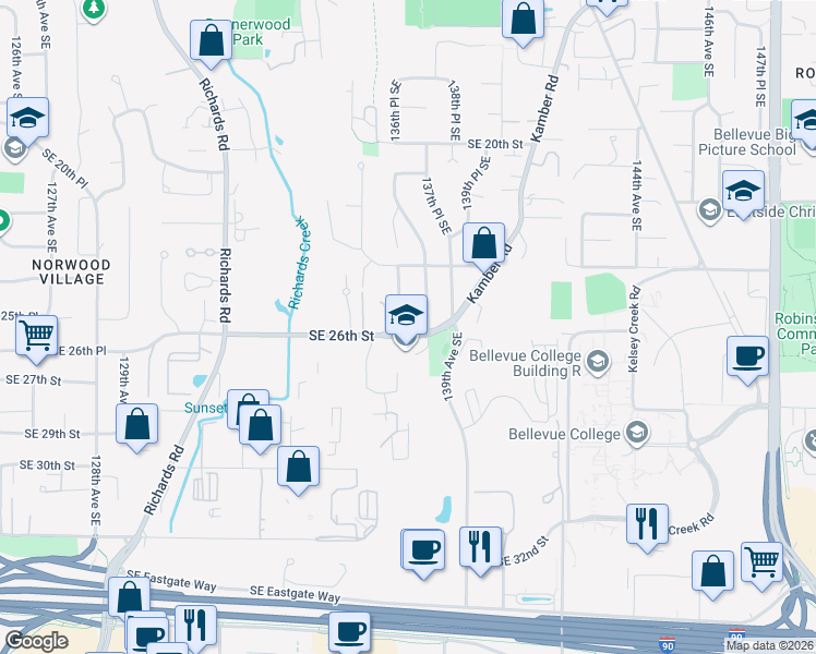 map of restaurants, bars, coffee shops, grocery stores, and more near 2454 137th Avenue Southeast in Bellevue