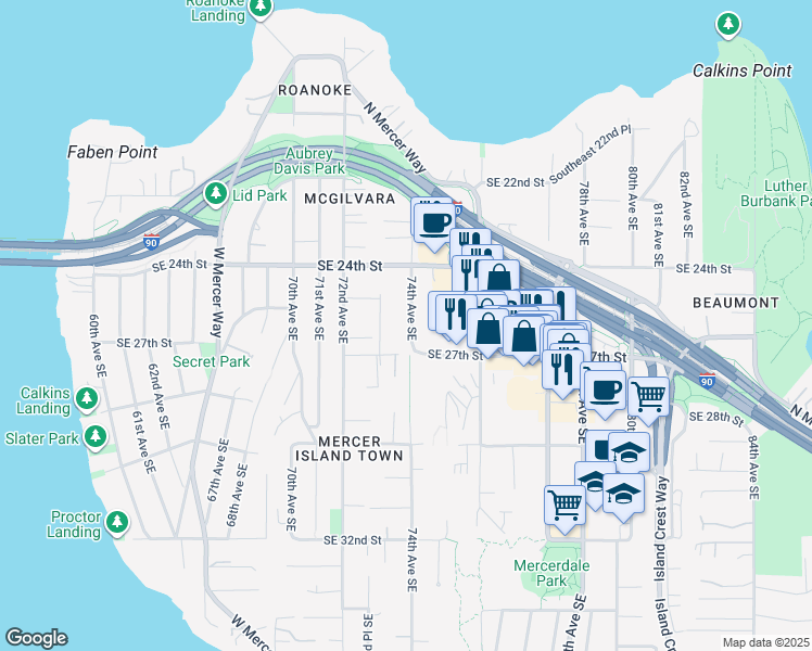 map of restaurants, bars, coffee shops, grocery stores, and more near 2455 74th Avenue Southeast in Mercer Island