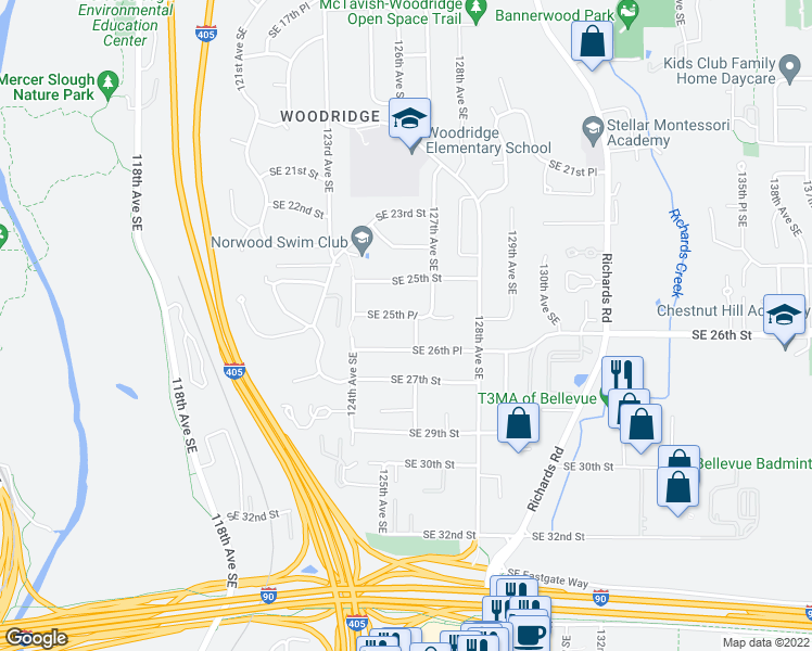 map of restaurants, bars, coffee shops, grocery stores, and more near 12453 Southeast 25th Place in Bellevue