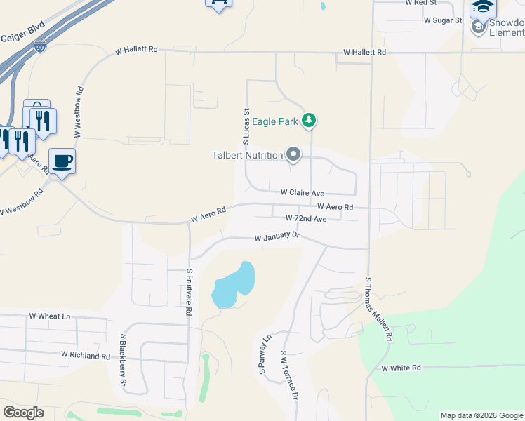 map of restaurants, bars, coffee shops, grocery stores, and more near 9616 W 72nd Ave in Cheney