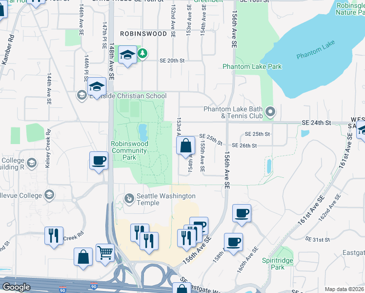 map of restaurants, bars, coffee shops, grocery stores, and more near 2519 154th Avenue Southeast in Bellevue