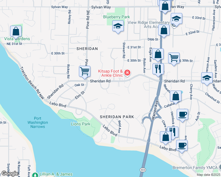 map of restaurants, bars, coffee shops, grocery stores, and more near 365 Lewis Avenue in Bremerton