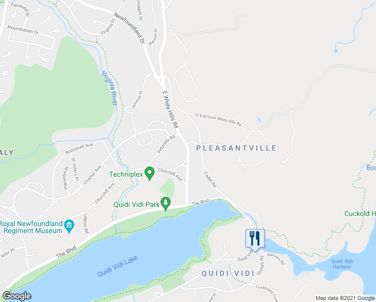 map of restaurants, bars, coffee shops, grocery stores, and more near 45 East White Hills Road in St. John's