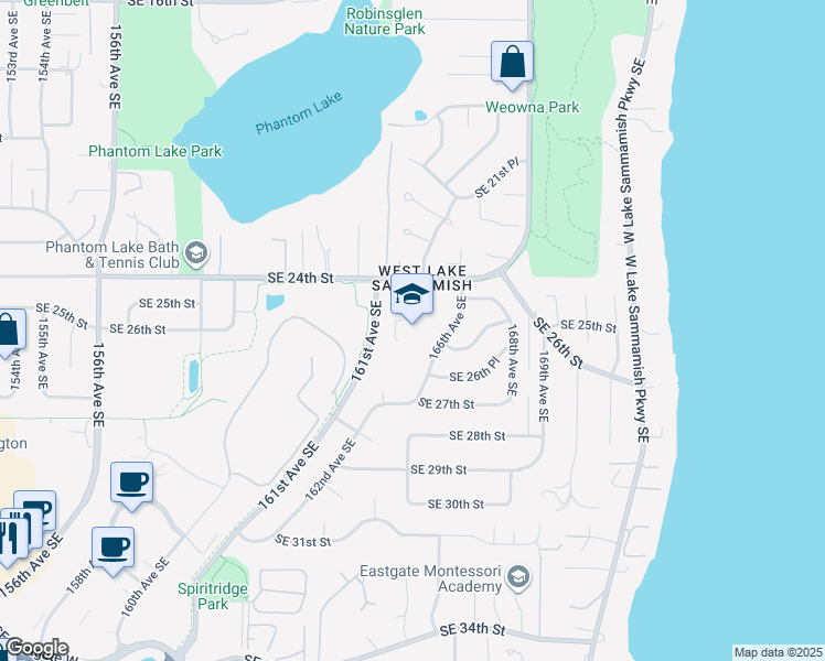 map of restaurants, bars, coffee shops, grocery stores, and more near 16401 Southeast 24th Street in Bellevue
