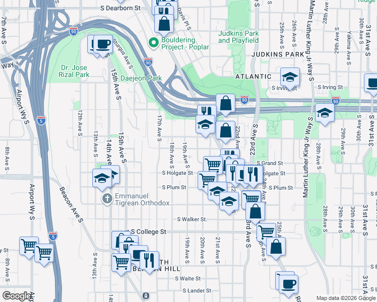 map of restaurants, bars, coffee shops, grocery stores, and more near 1757 19th Avenue South in Seattle