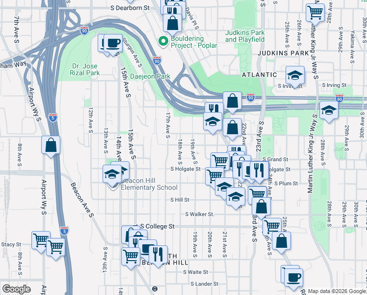 map of restaurants, bars, coffee shops, grocery stores, and more near 1757 19th Avenue South in Seattle